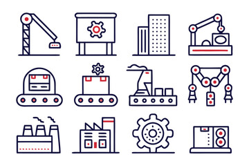 Poster - Collection of industrial factory building outline graphics representing manufacturing plants warehouses and production facilities for modern design projects