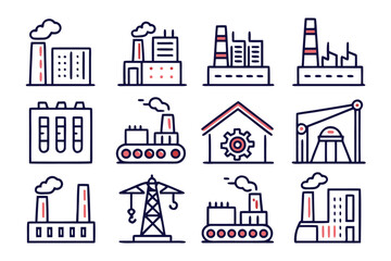 Poster - Collection of modern industrial factory and manufacturing building outlines representing production facilities and industrial architecture in a clean minimalist design style