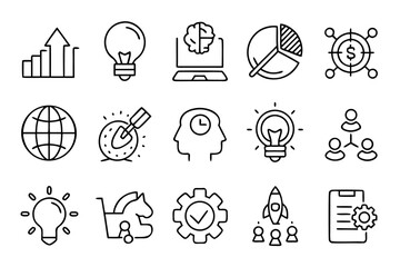 Poster - Comprehensive collection of conceptual business strategy elements presented in a clean modern line art style ideal for digital presentations and marketing materials