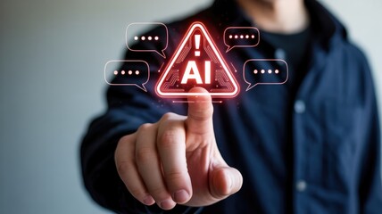 man touches glowing ai warning sign with speech bubbles alerting risk
