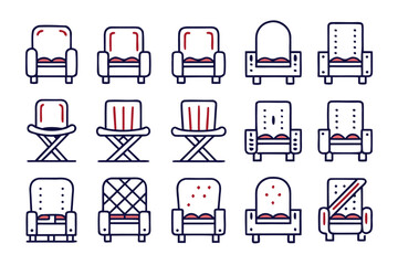 Poster - Collection of stylized seating arrangements and furniture elements presented in a clean modern flat graphic style with diverse color options for digital and print applications