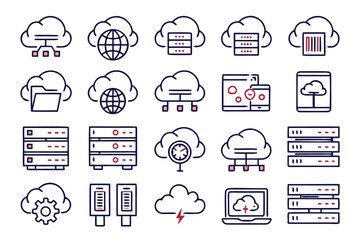 Fototapete - Comprehensive cloud computing and web hosting symbol collection featuring a diverse array of digital service and data management graphics for online platforms