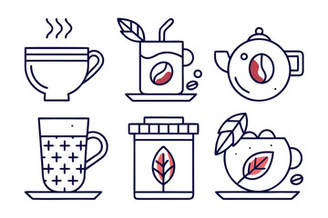 Poster - Collection of stylized beverage symbols for coffee and tea featuring clean outlines and vibrant color accents perfect for menus and branding