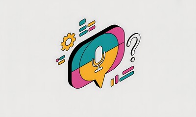 Poster - Microphone Icon Represents Voice Assistant Queries with Question Mark, in a Modern Style and with space for copy, ideal for technology concepts.