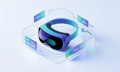 Poster - VR Headset Rests on Platform, Displaying Data with futuristic technology concept, in studio shot with copy space for modern tech