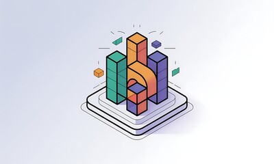Poster - Isometric Bars Represent Data Analytics on Platform, showcasing business growth, with copy space for presentation and data visualization.