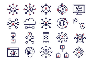 Fototapete - Comprehensive collection of essential network connectivity symbols presented as clean modern line art for digital interfaces and communication platforms