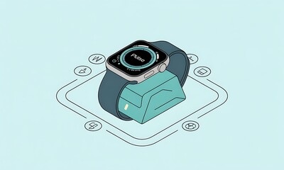 Poster - Smartwatch shows time while charging on its dock, isolated on light blue, with conceptual technology and innovation vector graphics
