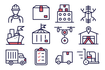 Poster - Comprehensive collection of courier and delivery service line art symbols featuring essential logistics and transportation elements for modern business branding and communication needs