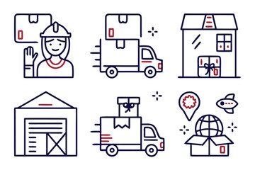 Poster - Comprehensive collection of stylized line art symbols representing courier services logistics and delivery operations rendered in a clean and modern aesthetic with distinct color accents