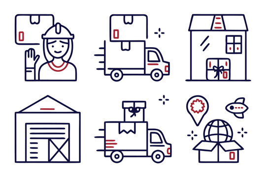 Comprehensive collection of stylized line art symbols representing courier services logistics and delivery operations rendered in a clean and modern aesthetic with distinct color accents