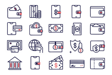 Fototapete - A clean collection of essential financial transaction symbols presented in a modern minimalist line art style perfect for digital interfaces and web applications