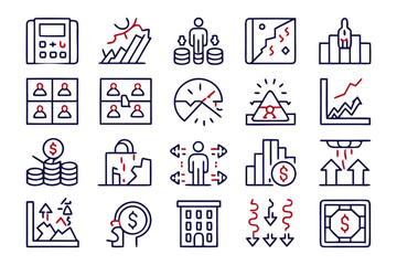 Poster - Comprehensive collection of crisis management symbols including elements representing failure loss and negative outcomes designed for clear visual communication in various applications