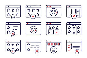 Poster - Comprehensive collection of clean modern line art symbols representing customer satisfaction and feedback processes for digital platforms and user interfaces