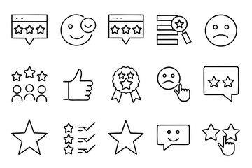 Poster - Comprehensive collection of clean line art symbols representing customer satisfaction feedback and user experience elements for digital interfaces and branding applications