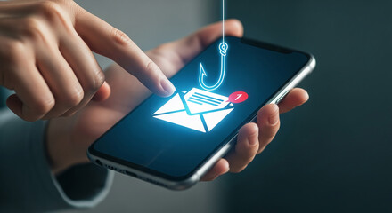 Aufkleber - Smartphone displaying email with fishing hook, symbolizing phishing scam risk, online security threat, digital danger, caution needed