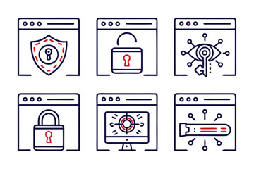 Fototapete - Comprehensive collection of digital protection and network safety symbols in a clean outline graphic style perfect for online platforms and technological applications