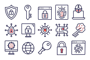 Fototapete - A comprehensive collection of twelve minimalist thin line graphical elements representing various aspects of digital protection and network security concepts