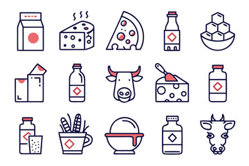 Leinwandbilder - Editable outline graphics featuring a collection of dairy and milk product icons with clean lines and a vibrant color palette suitable for branding and design projects