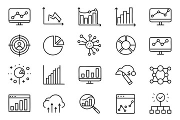 Fototapete - Comprehensive collection of clean modern line style icons for data analysis and web applications featuring essential elements for digital interfaces and information visualization