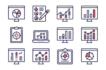 Fototapete - Comprehensive collection of thin line graphic elements for data analysis and web applications featuring diverse symbols and concepts in a clean modern style