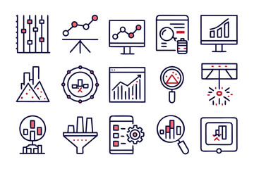 Poster - Comprehensive collection of minimalist data analytics symbols and graphics featuring essential business intelligence and statistical representations in clean modern design styles
