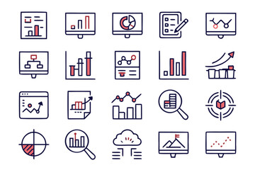 Fototapete - Comprehensive collection of editable stroke data analysis symbols and graphics for digital presentations business reports and technological applications featuring a clean modern aesthetic