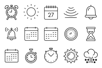Poster - Comprehensive collection of temporal and scheduling symbols featuring alarm alerts calendar views clocks and event planning elements for digital interfaces