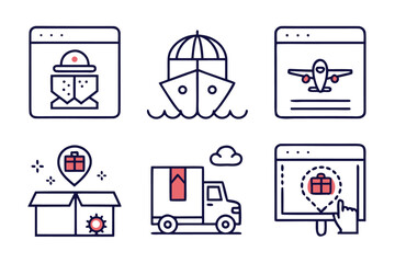 Poster - Comprehensive collection of clean modern line art symbols representing various aspects of shipping transportation and global commerce for digital platforms and applications