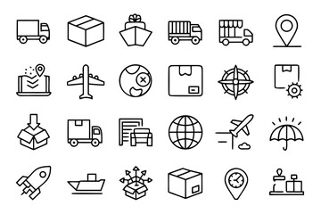Poster - Comprehensive collection of thin line graphical elements representing shipping logistics and parcel handling for web and application interfaces rendered in a clean modern style