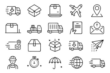 Poster - Comprehensive collection of thin line symbols representing shipping logistics and package handling services for modern digital interfaces and print applications