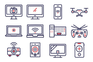 Poster - Collection of modern electronic gadget and digital device symbols for web and app interfaces presented in a clean outline graphic style for clear communication