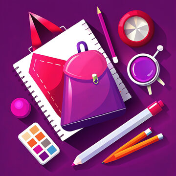 Welcome Back to school horizontal banner, doodle on checkered paper background, back to school chalk on blackboard  books and school stuff on blue background 3D Rendering, 3D Illustration