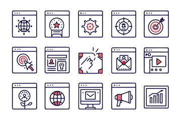 Poster - Comprehensive collection of modern digital marketing and web interface elements presented in a clean linear graphic style with vibrant color accents for diverse online applications