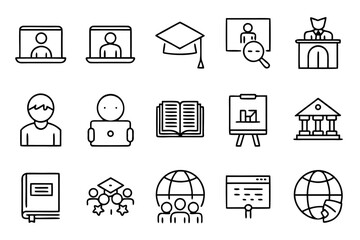 Poster - Comprehensive collection of modern line style web symbols for online education and learning platforms presented in a clean and professional aesthetic