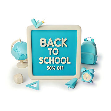 Welcome Back to school horizontal banner, doodle on checkered paper background, back to school chalk on blackboard  books and school stuff on blue background 3D Rendering, 3D Illustration