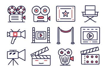 Poster - Minimalist cinematic symbols collection featuring reels cameras and film strips in a clean modern graphic design for entertainment media projects