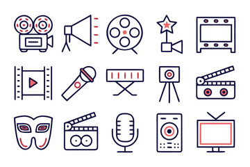 Poster - Collection of minimalist cinema and entertainment graphics featuring film reels cameras and related visual elements in a clean design style