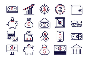 Poster - Comprehensive collection of financial symbols and monetary concepts presented as clean modern line art for business and economic applications