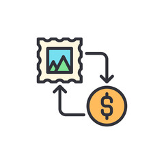 Poster - philately investment concept with stamp and coin connected by arrows