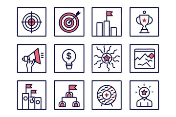 Poster - Comprehensive collection of achievement and objective symbols featuring elements like targets and success indicators rendered in a vibrant palette for diverse applications