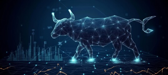 Poster - Blue Tech Style Bull with Stock Market Finance Background Depicting Digital Economy Trends
