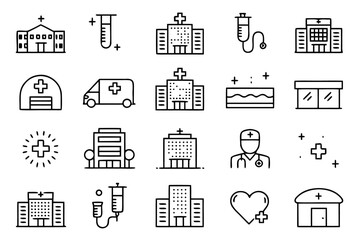 Poster - Comprehensive collection of medical facility and architectural symbols representing diverse healthcare structures and building designs for professional use