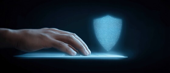 Poster - Digital security innovation hand interaction with holographic shield virtual workspace technology futuristic close-up perspective cyber defense