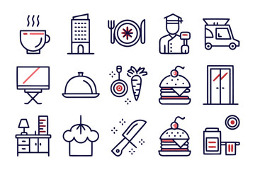 Poster - Comprehensive collection of hospitality and dining establishment symbols presented in a clean minimalist line art aesthetic perfect for digital or print applications
