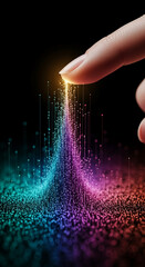 Poster - Fingertip touching colorful, luminous particles, cascading downward, creating a digital data stream visualization, showcasing innovation and technological advancement