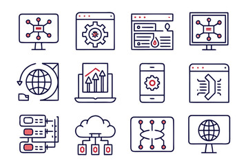 Poster - Comprehensive collection of modern technology and digital communication symbols presented in a clean minimalist line art style suitable for web and application interfaces