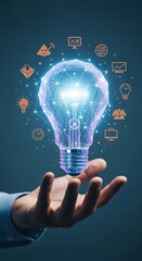 Aufkleber - Hand holding glowing polygonal lightbulb, surrounded by digital icons, representing innovation, technology, and new ideas