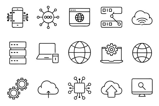 Comprehensive collection of modern digital technology and communication symbols presented in a clean minimalist outline style for diverse online applications and user interfaces