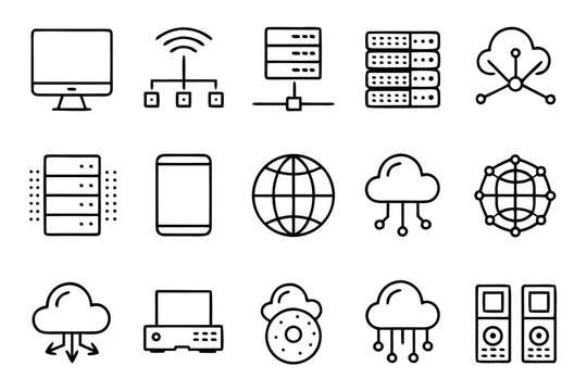 Comprehensive collection of digital technology symbols and graphical elements representing connectivity data processing and modern computing concepts for diverse applications